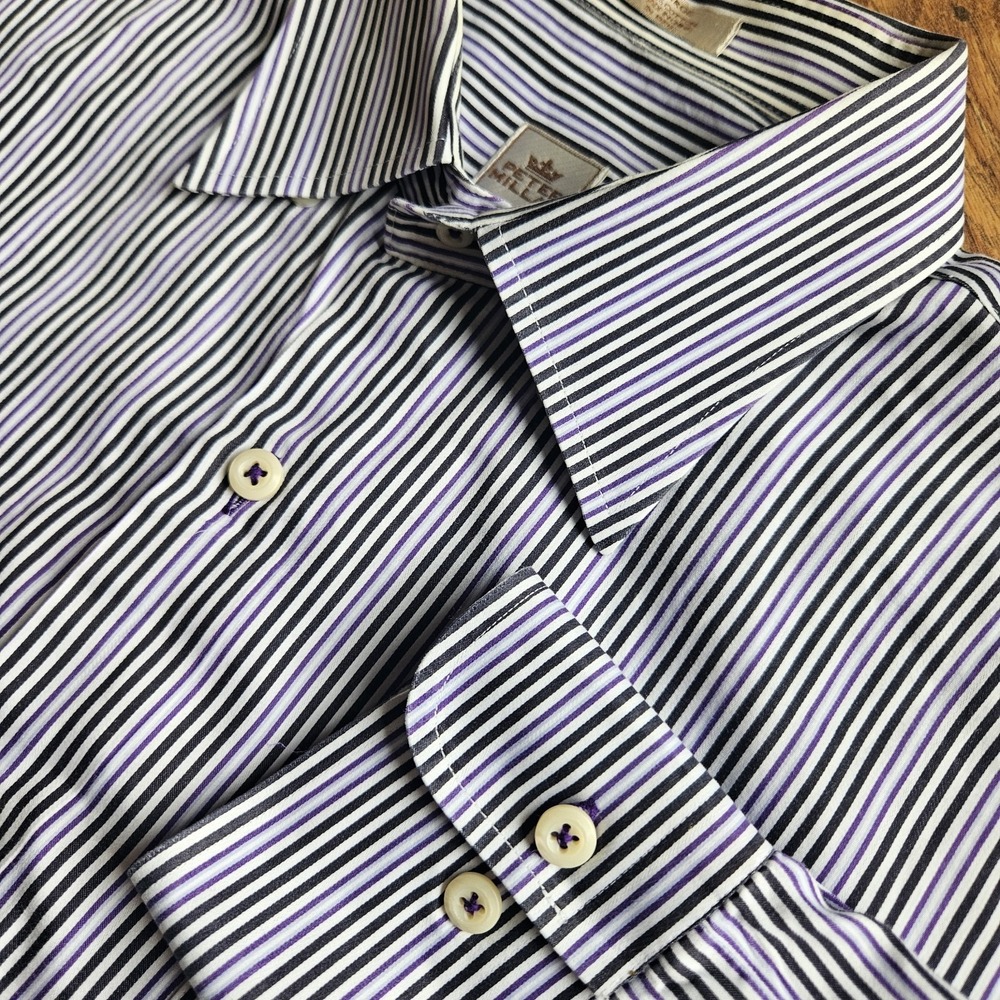Peter Millar Men L Long Sleeve Button Up Shirt Purple White Black Stripe Preppy